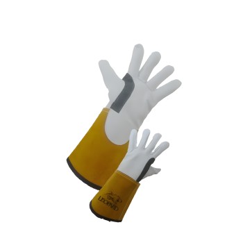 Pair of leather welding gloves long cuff TIG welding inner lining